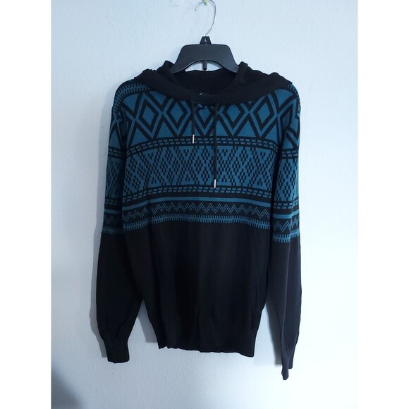 Carbon Mens Black & Blue Aztec Geometric Pullover Hooded Sweater Small - Picture 1 of 3